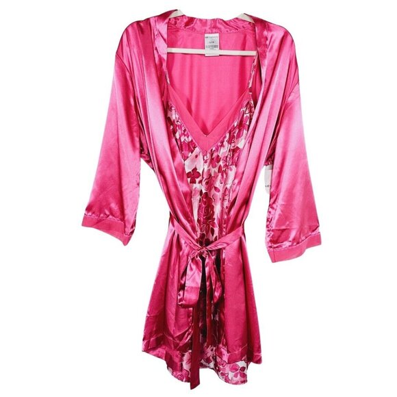 Liz Claiborne Other - Liz Claiborne Babydoll Slip Dress Robe Set Large Pink Floral Satin Romantic Y2K